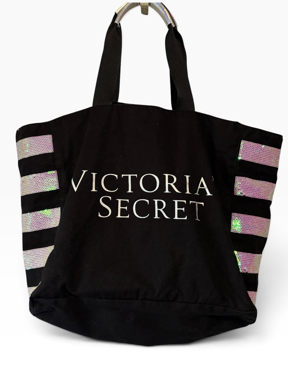 Victoria's Secret Black Canvas Tote Bag with Iridescent Sequin Stripes